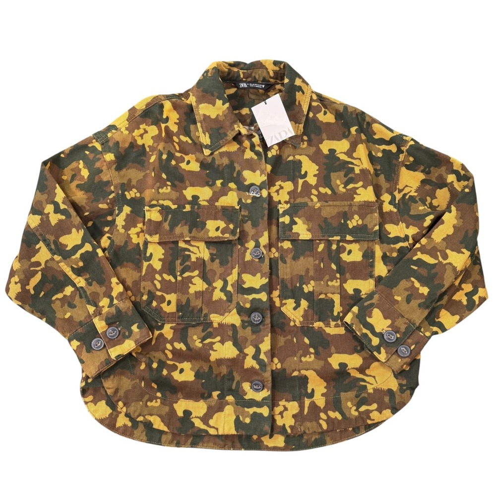 Zara Women Camouflage Print Oversized Utility Jacket Green Brown Size XS